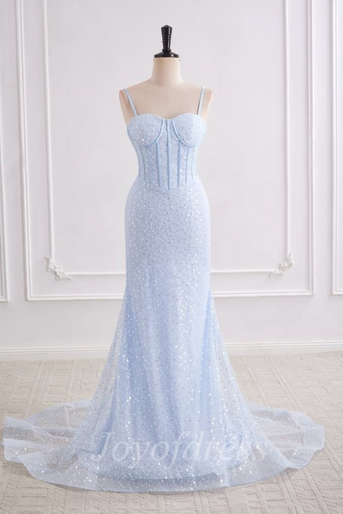 Light Blue Sweetheart Sleeveless Mermaid Prom Party Dress With Train