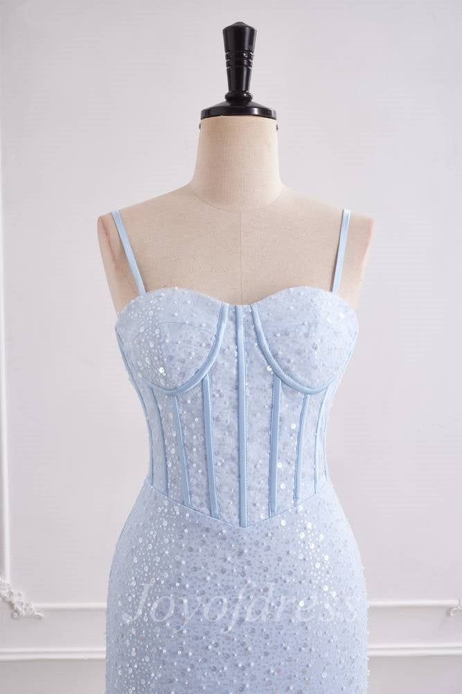 Light Blue Sweetheart Sleeveless Mermaid Prom Party Dress With Train