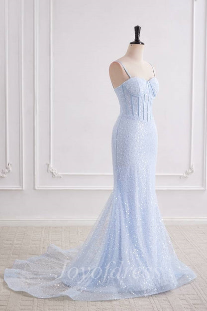 Light Blue Sweetheart Sleeveless Mermaid Prom Party Dress With Train