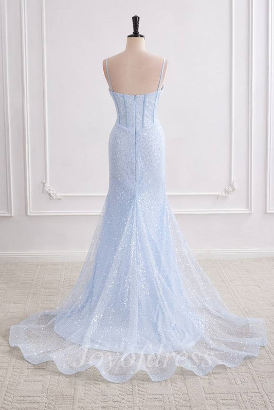 Light Blue Sweetheart Sleeveless Mermaid Prom Party Dress With Train