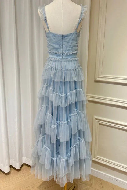 Light Blue Tulle A-Line V-Neck Sleeveless Tiered Party Prom Dress