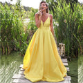Light Pastel Yellow Sexy Spaghetti Straps V-neck Long Empire Prom Dresses