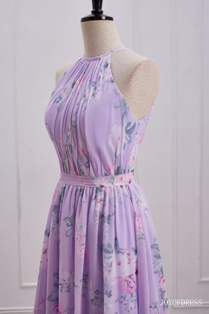 Light Purple Floral Print  Halter Long Bridesmaid Dress