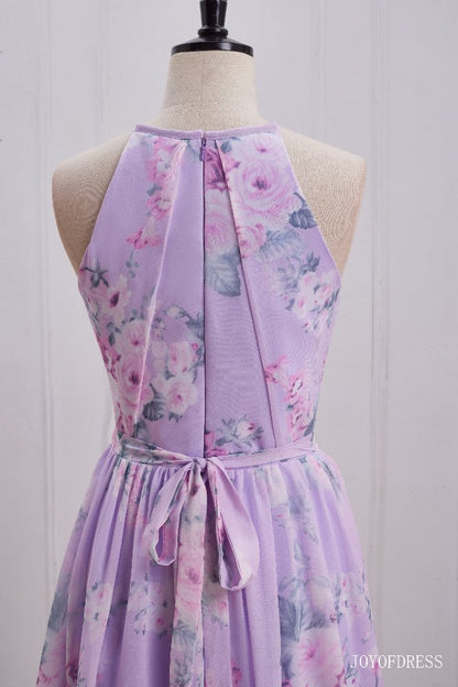 Light Purple Floral Print  Halter Long Bridesmaid Dress