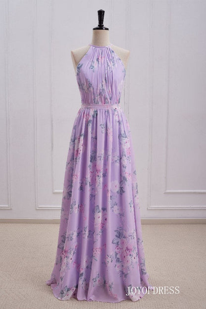 Light Purple Floral Print  Halter Long Bridesmaid Dress