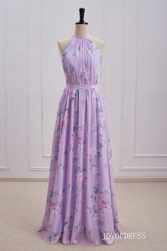 Light Purple Floral Print  Halter Long Bridesmaid Dress