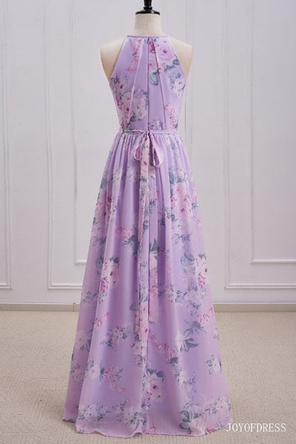Light Purple Floral Print  Halter Long Bridesmaid Dress