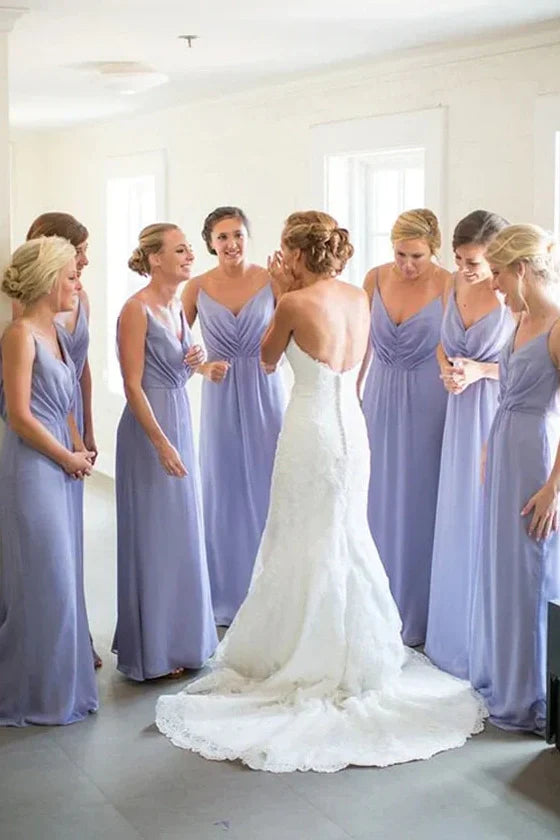 Lilac A-Line V-Neck Sleeveless Chiffon Long Bridesmaid Dress