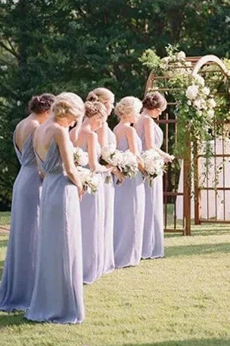 Lilac A-Line V-Neck Sleeveless Chiffon Long Bridesmaid Dress