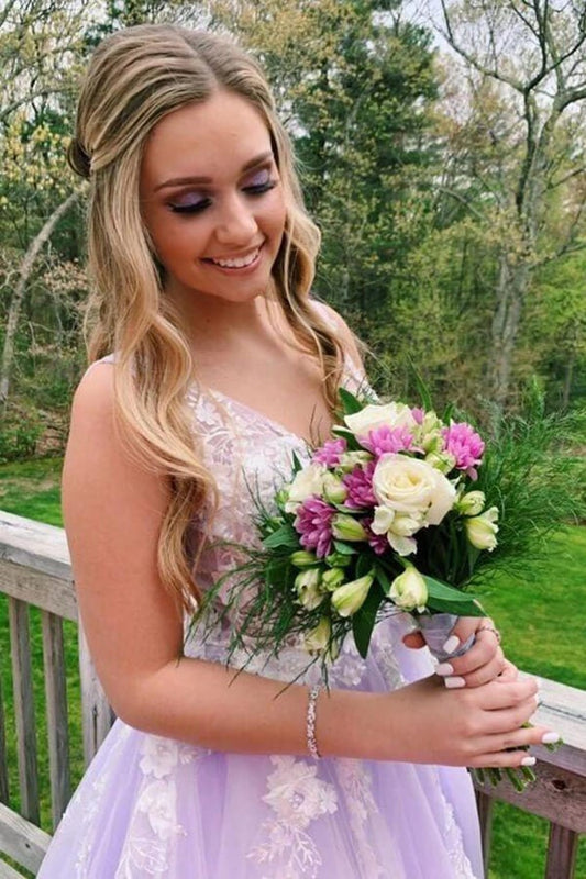 Lilac A-line V-neck Evening Dress, Long Prom Dresses With Appliques