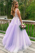 Lilac A-line V-neck Evening Dress, Long Prom Dresses With Appliques