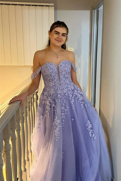 Lilac Off-Shoulder A-Line Appliques Party Prom Dress