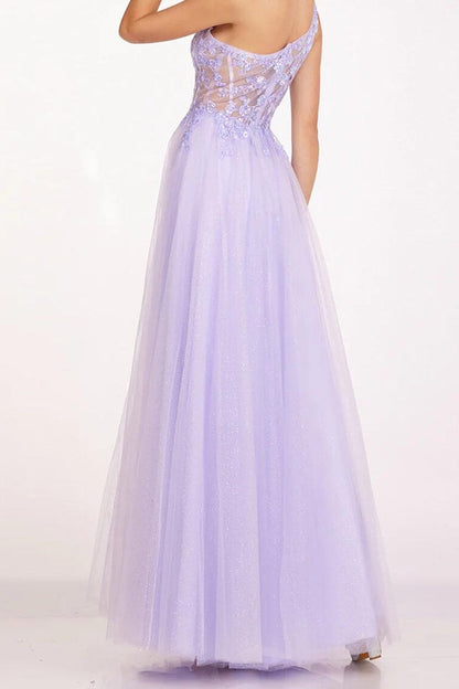 Lilac One Shoulder Sheer Empire Tulle A-Line Prom Party Dress