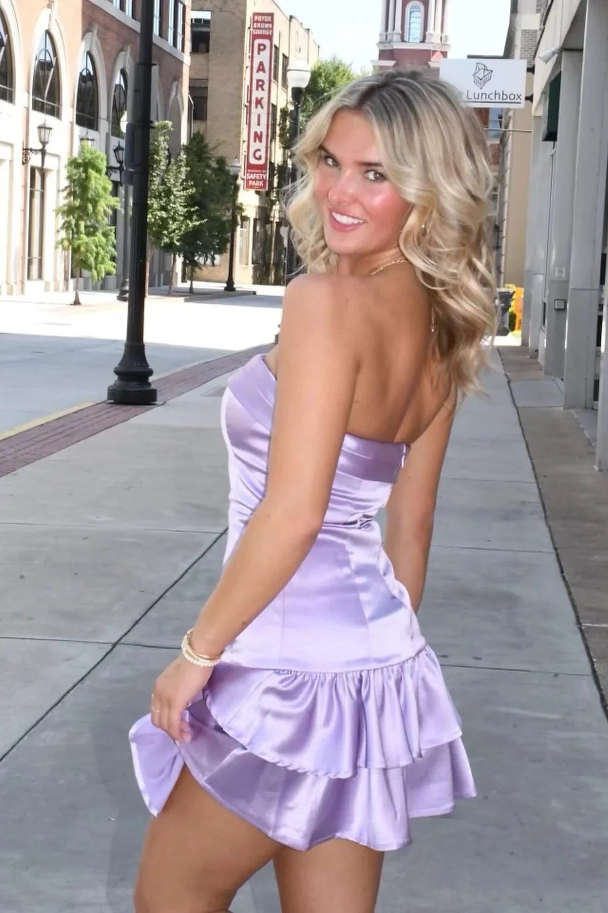 Lilac Satin A-Line Strapless Sleeveless Tiered Homecoming Dress