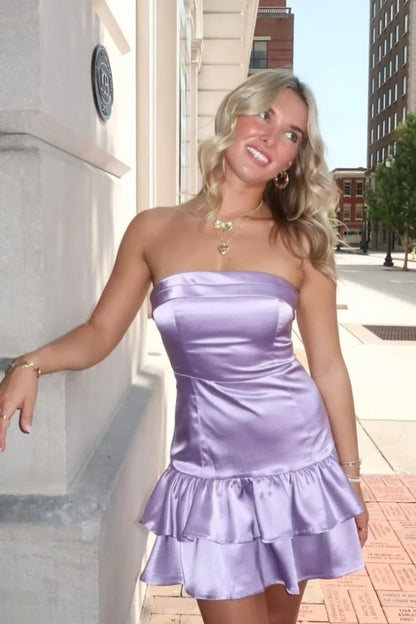 Lilac Satin A-Line Strapless Sleeveless Tiered Homecoming Dress
