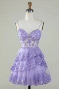 Charming Lilac Lace Sequined Appliqued Design A-line Mini Spaghetti Strap Homecoming Dress TP3605