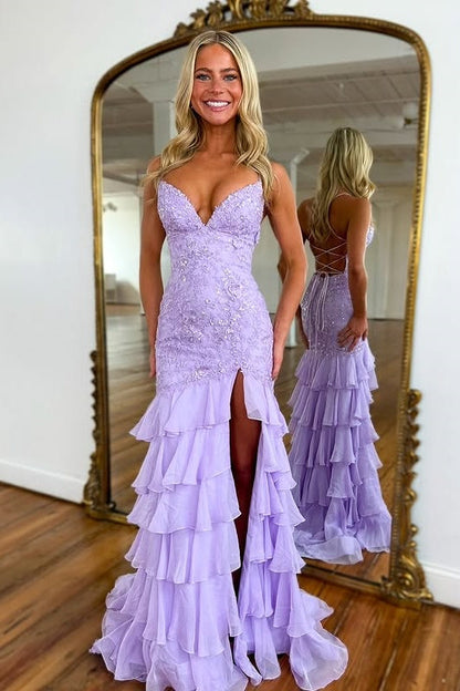 Lilac Sweetheart Sleeveless Lace Up Two Tone Tiered Party Prom Dress
