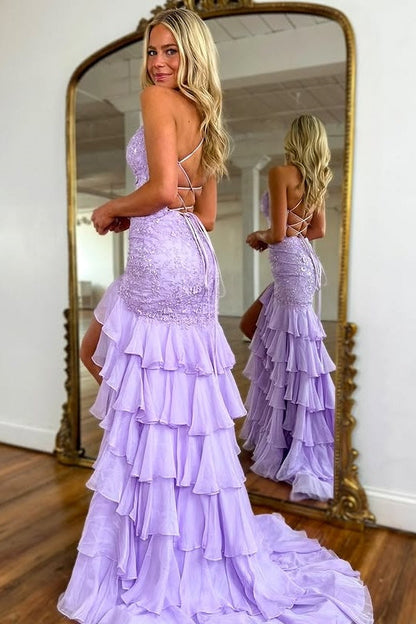 Lilac Sweetheart Sleeveless Lace Up Two Tone Tiered Party Prom Dress
