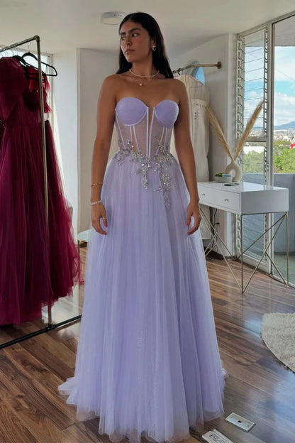 Lilac Sweetheart Sleeveless Tulle A-Line Party Prom Dress