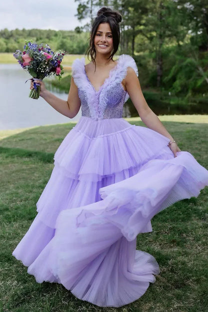 Lilac Tulle A-Line Sleeveless Tiered Party Prom Dress