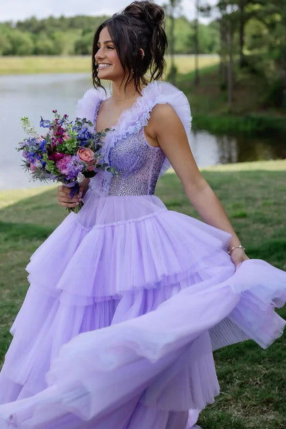 Lilac Tulle A-Line Sleeveless Tiered Party Prom Dress
