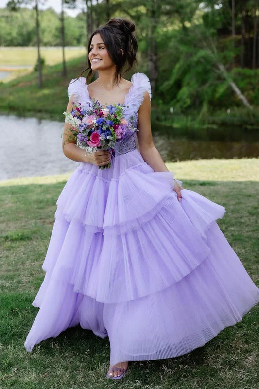 Lilac Tulle A-Line Sleeveless Tiered Party Prom Dress