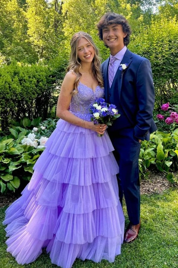 Lilac Tulle A-Line Sweetheart Sleeveless Appliques Tiered Party Prom Dress