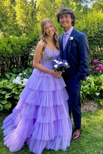 Lilac Tulle A-Line Sweetheart Sleeveless Appliques Tiered Party Prom Dress