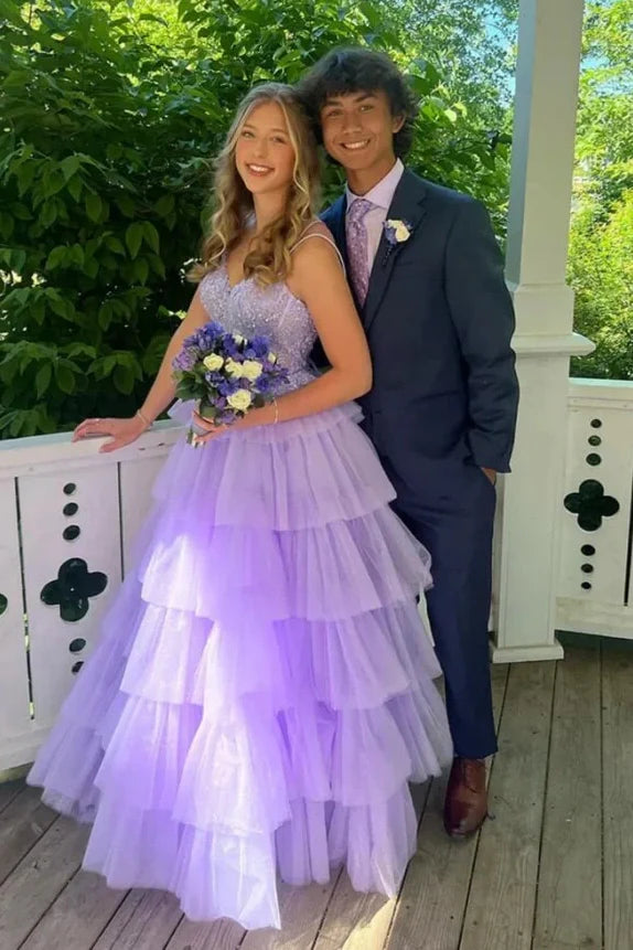 Lilac Tulle A-Line Sweetheart Sleeveless Appliques Tiered Party Prom Dress