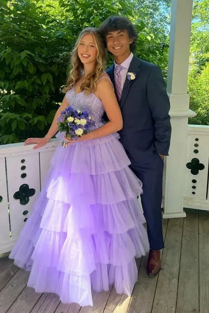 Lilac Tulle A-Line Sweetheart Sleeveless Appliques Tiered Party Prom Dress