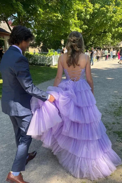 Lilac Tulle A-Line Sweetheart Sleeveless Appliques Tiered Party Prom Dress