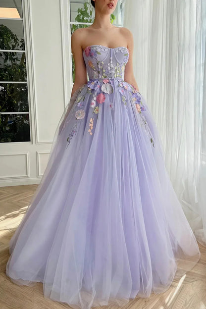 Lilac Tulle A-Line Sweetheart Strapless Florals Party Prom Dress