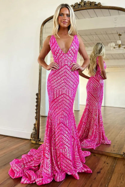 Low V-Neck Backless Mermaid Sparkly Long Party Prom Dress