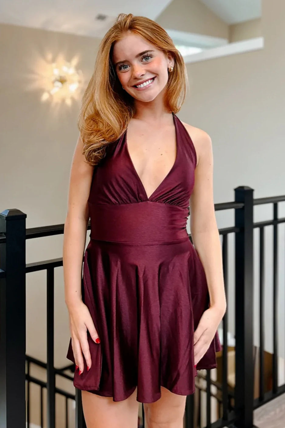 Low V-Neck Backless Satin A-Line Empire Homecoming Dress