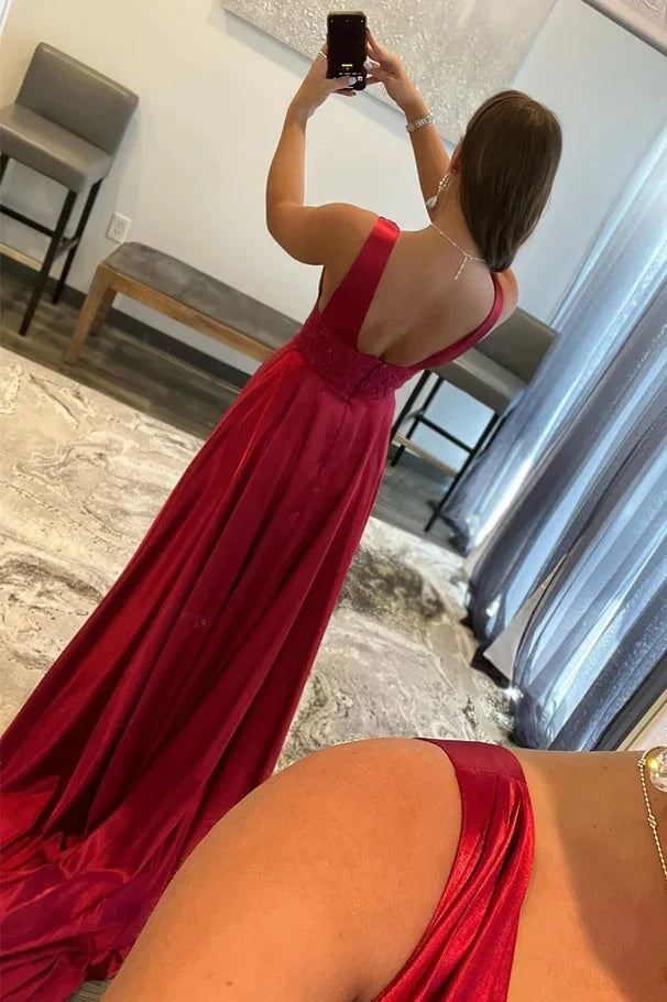 Low V-Neck Backless Satin A-Line Long Party Prom Dress With Slit