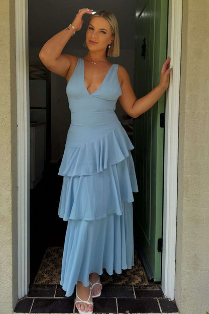 Low V-Neck Empire Tiered A-Line Bridesmaid Dress