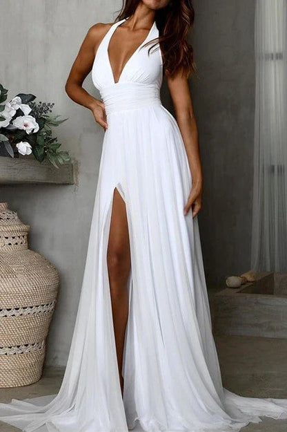 Low V-Neck Halter Backless Chiffon A-Line Wedding Dress