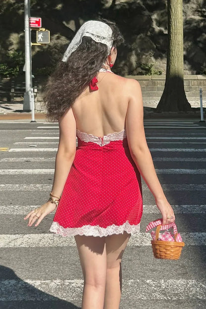 Low V-Neck Halter Backless Polkal Dots Summer Homecoming Dress