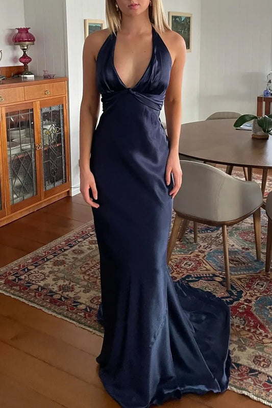 Low V-Neck Halter Satin Mermaid Party Prom Dress