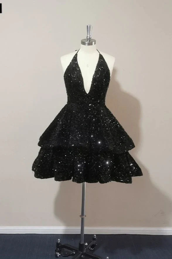 Low V-Neck Halter Sequins Tiered Short Homecoming Dress