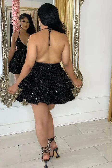 Low V-Neck Halter Sequins Tiered Short Homecoming Dress