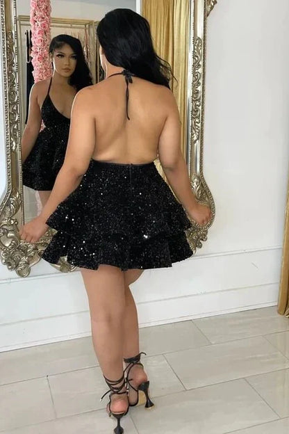 Low V-Neck Halter Sequins Tiered Short Homecoming Dress