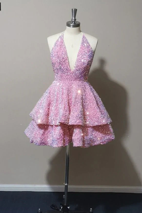 Low V-Neck Halter Sequins Tiered Short Homecoming Dress