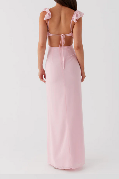 Low V-Neck Ruffle Sleeveless Fitted Party Prom Dress