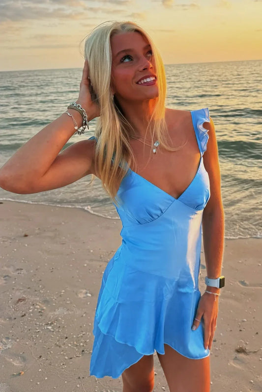 Low V-Neck Ruffle Straps Casual Satin Homecoming Dress