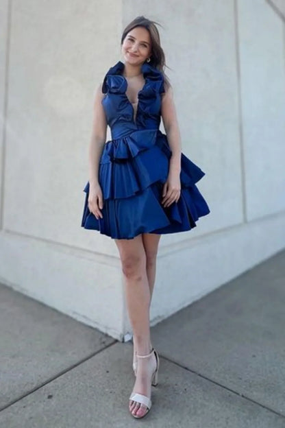 Low V-Neck Ruffled Halter Satin A-Line Tiered Homecoming Dress