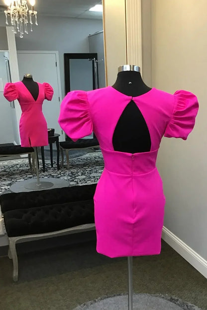Low V-Neck Short Sleeves Bodycon Satin Mini Homecoming Dress