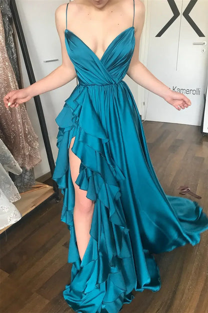Low V-Neck Spaghetti Straps A-Line Ruffled Party Prom Dress