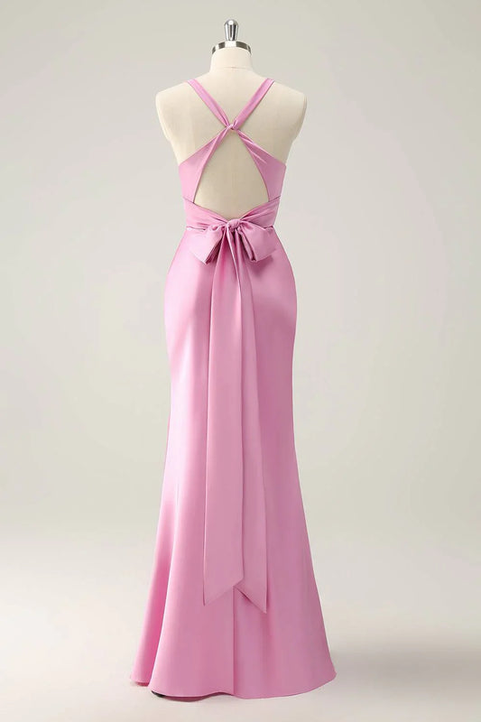Low V-Neck Spaghetti Straps Empire Trumpet Bridesmaid Dress