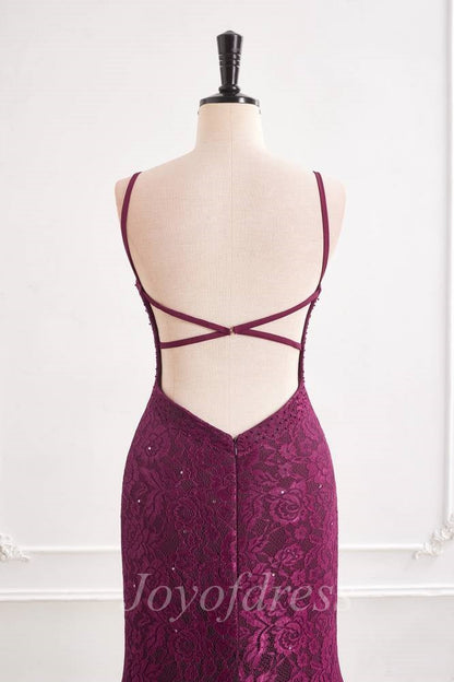 Low V-Neck Spaghetti Straps Fully Lace Mermaid Party Prom Dress